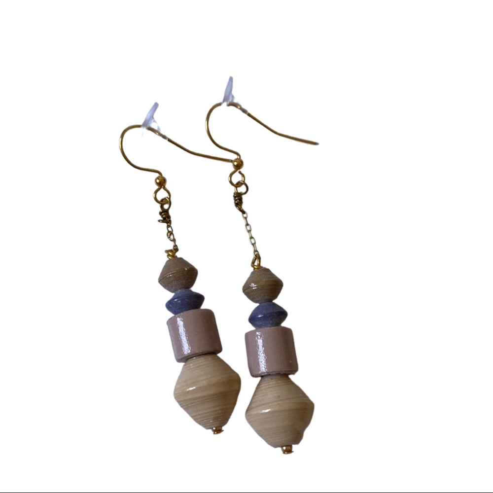 Sseko Stacked Paper Bead Drop Earring in Cream & Purple, Worn Once
